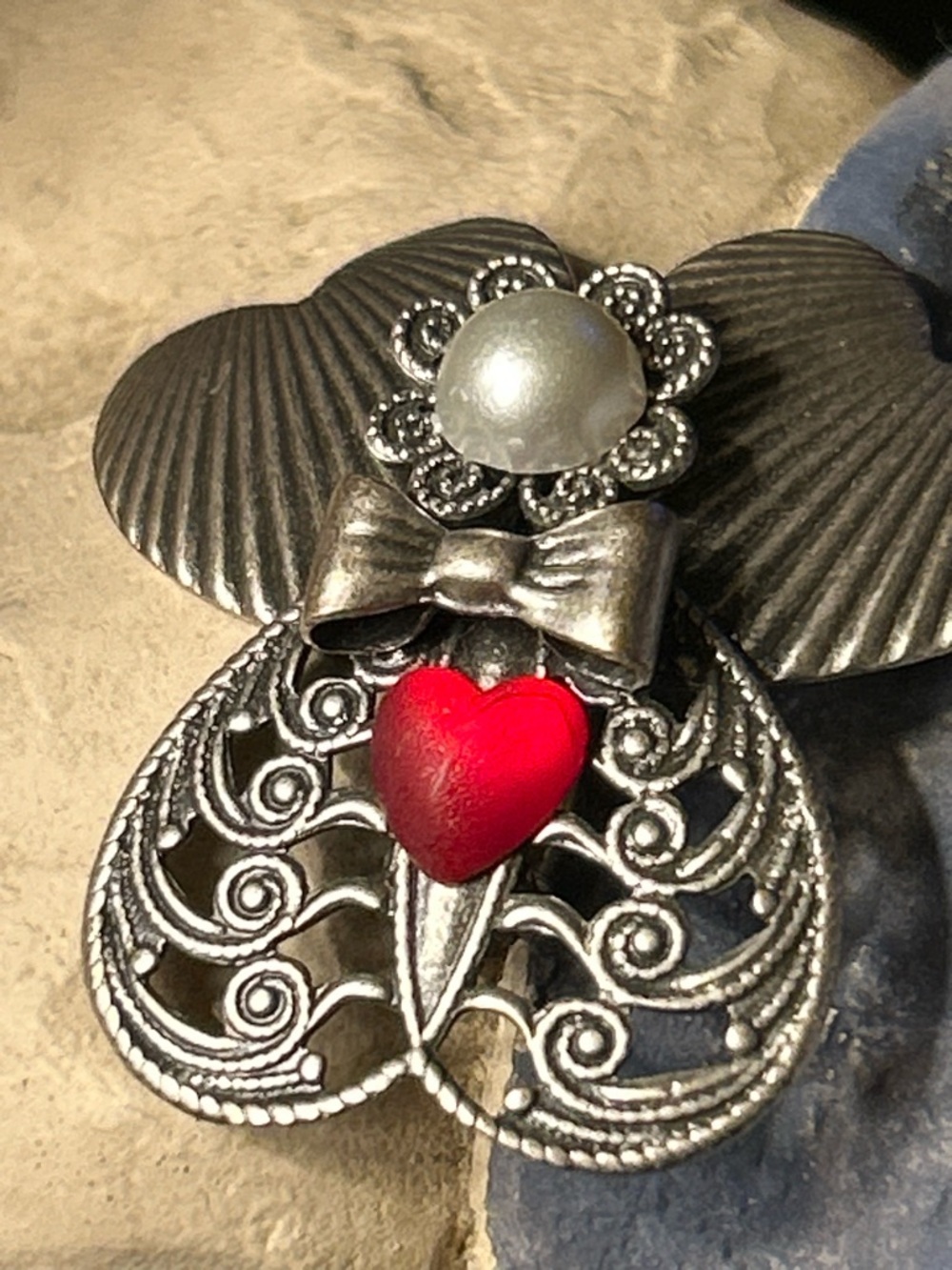 Vintage Jane Davis AOL Angel of Love 1999 Red Heart Faux Pear Silver Brooch